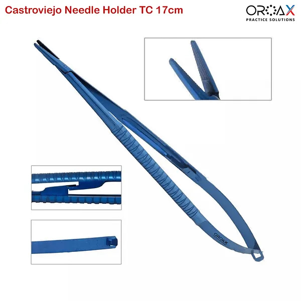 Castroviejo Needle Holder TC Striaght 17cm- Blue Titainum Coted